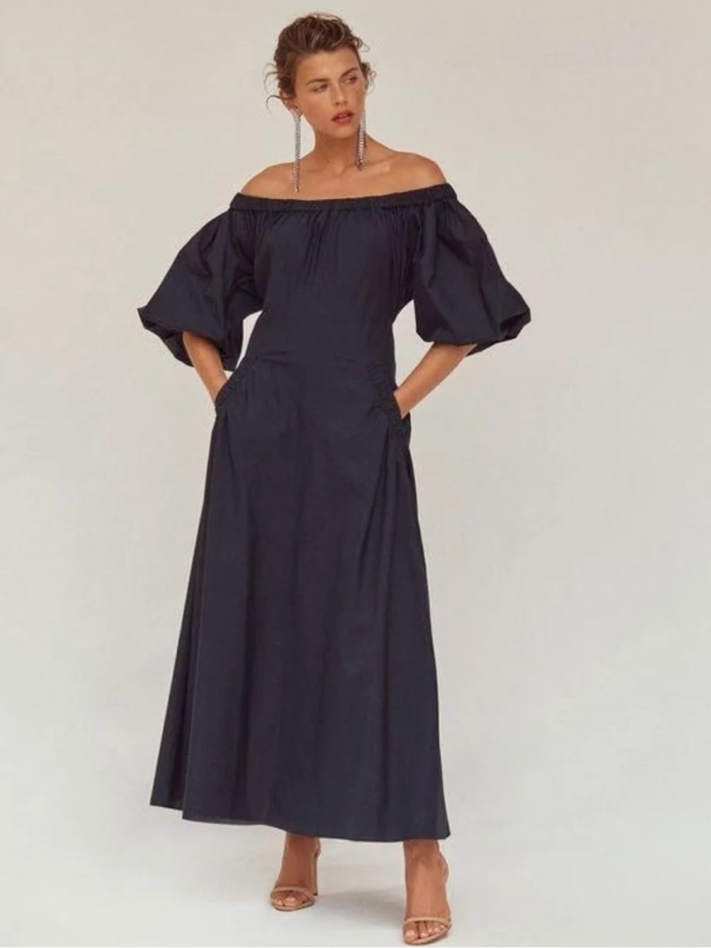 $650 Scanlan Theodore Cobalt Blue Off-Shoulder Puff Sleeve Maxi Dress